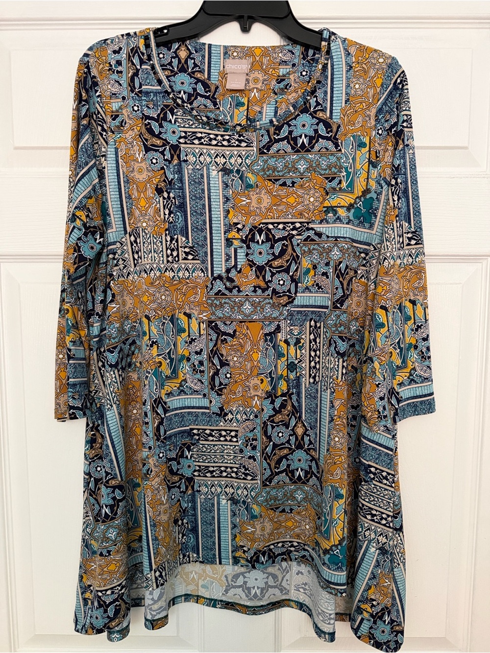 Chico's Blue Teal Mustard Geometric Floral PatternPullover Tunic M High-Low Hem